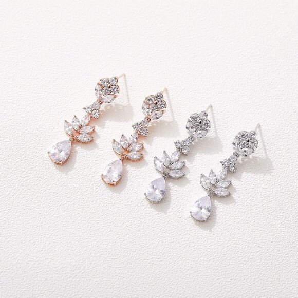 Women's Rose Gold Crystal Cubic Zirconia Bridal Drop Teardrop Wedding Earrings - Picture 6 of 7